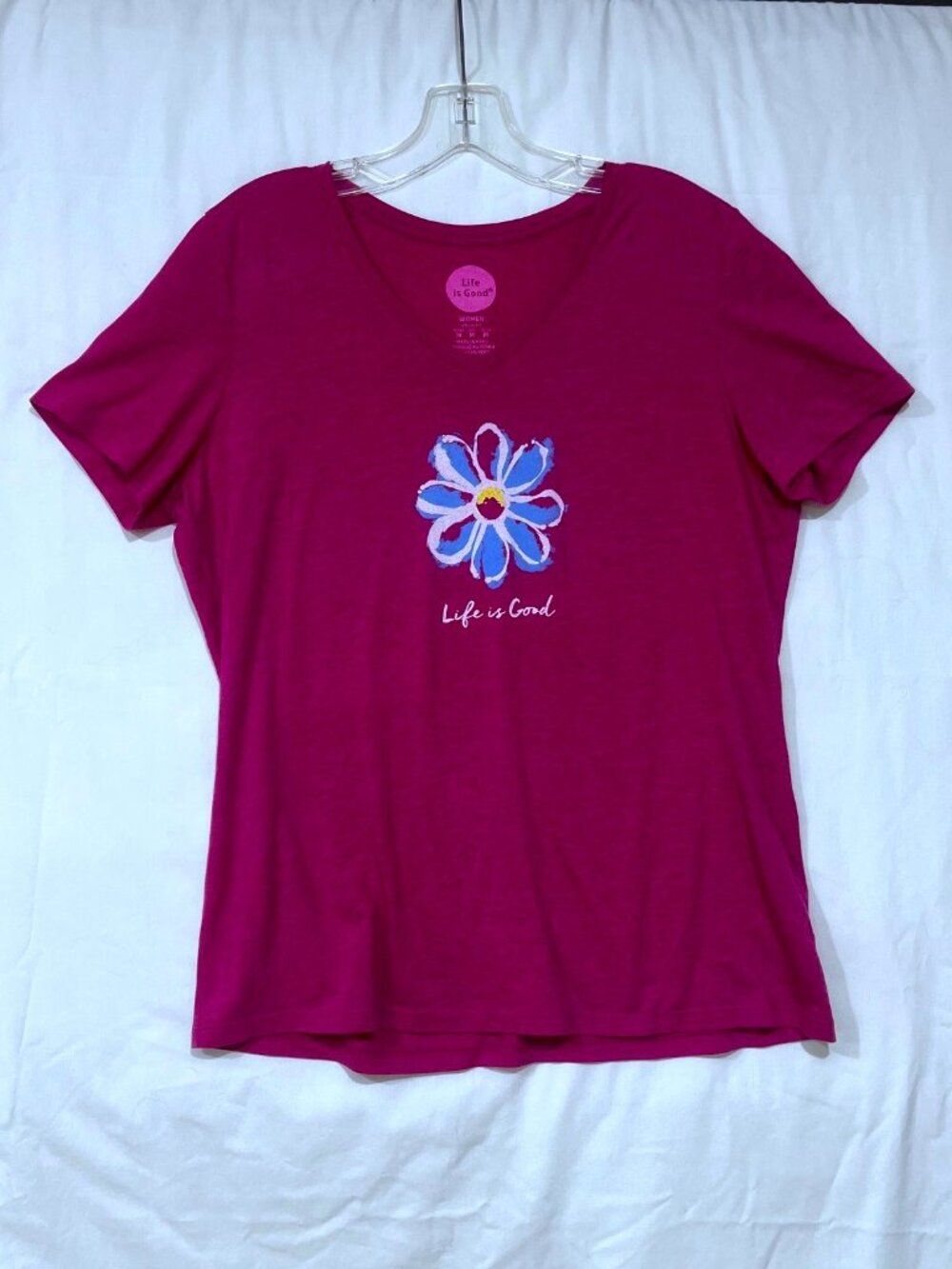 Life is Good – Women Pink Crusher Tee Shirt – V-Neck Short Sleeve – Size Medium